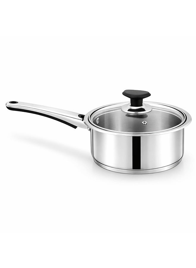 SONEX Mega Stainless Steel Sauce Pan, 18 cm (2 Ltr) with Glass Lid – Ergonomic Cool Handle, Sandwich Bottom, Sleek Modern Appearance, Ideal for Sauces, Soups & More - Image 1